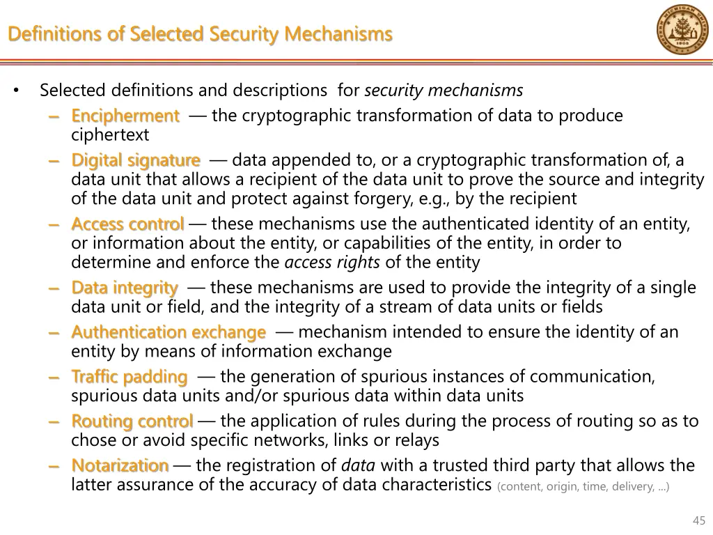 definitions of selected security mechanisms
