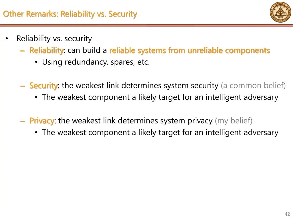 other remarks reliability vs security