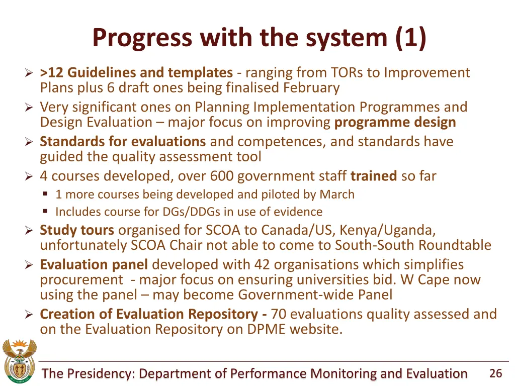 progress with the system 1