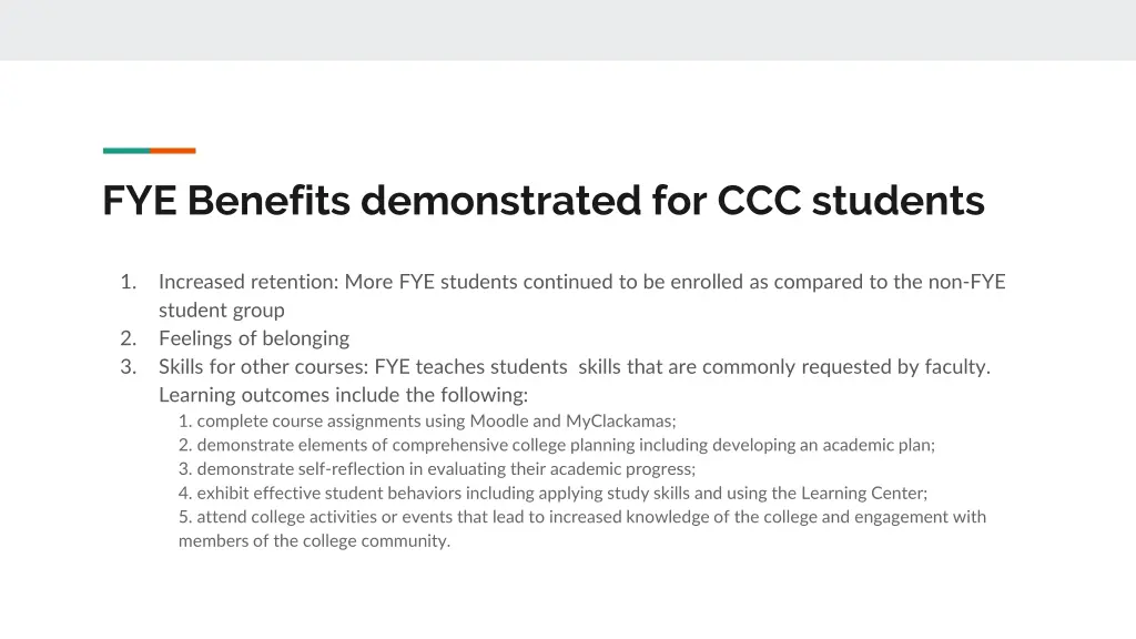 fye benefits demonstrated for ccc students