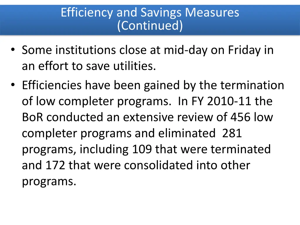efficiency and savings measures continued