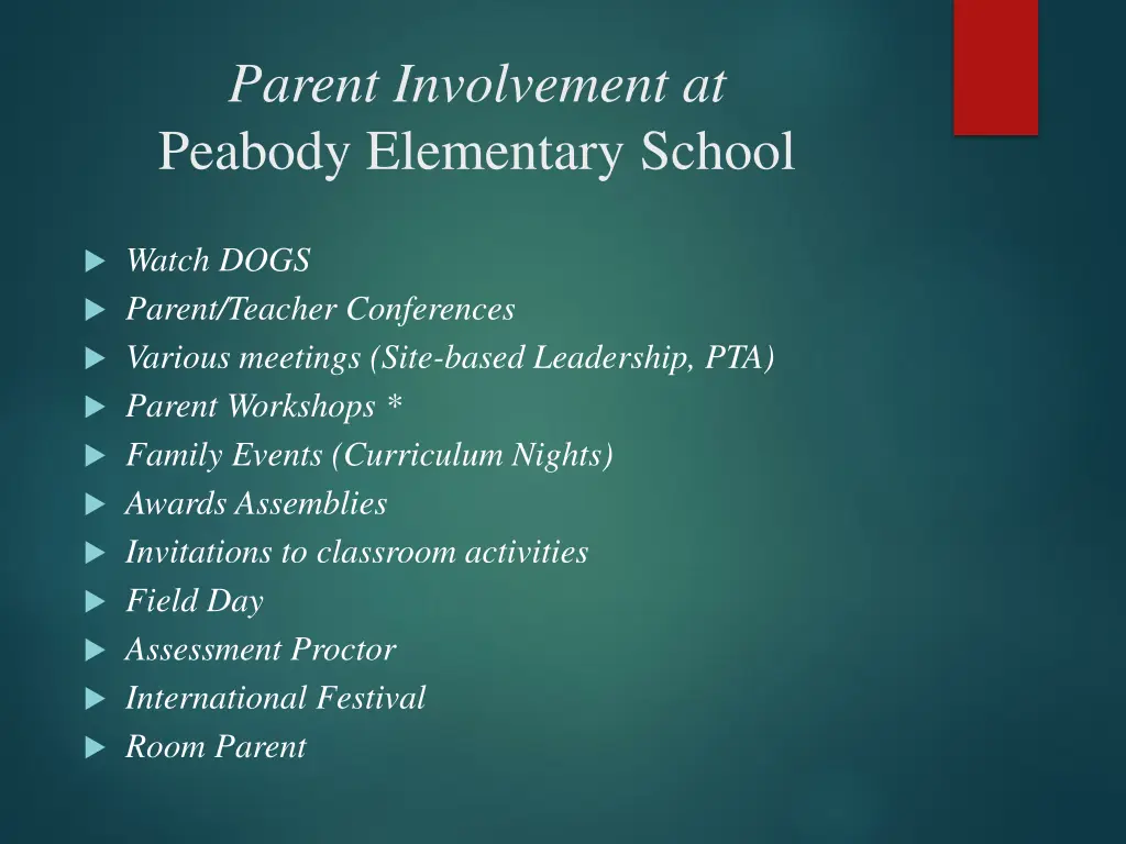 parent involvement at peabody elementary school