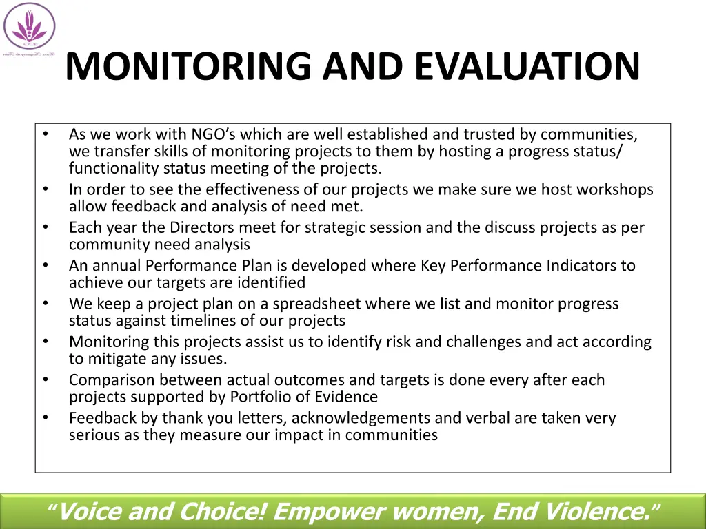 monitoring and evaluation