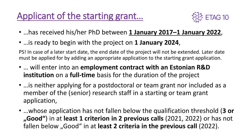 applicant of the starting grant applicant