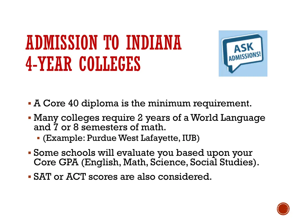 admission to indiana 4 year colleges