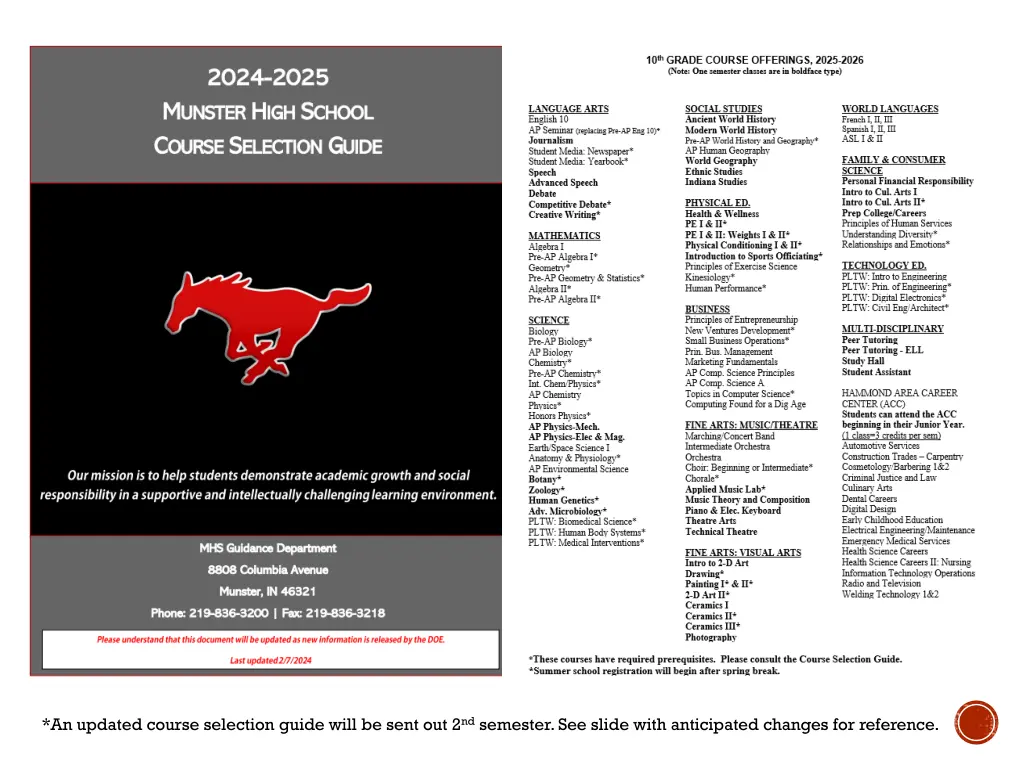 an updated course selection guide will be sent