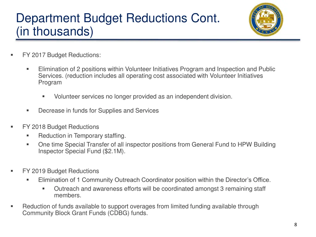 department budget reductions cont in thousands