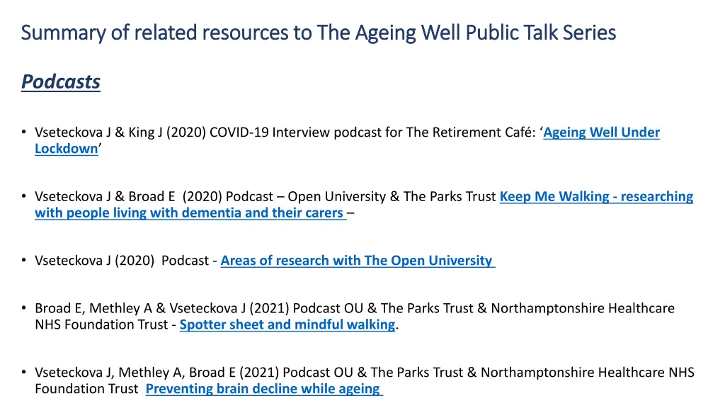 summary of related resources to the ageing well