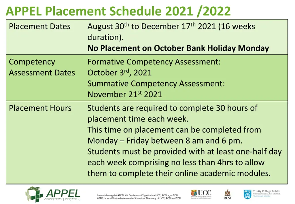 appel placement schedule 2021 2022 placement