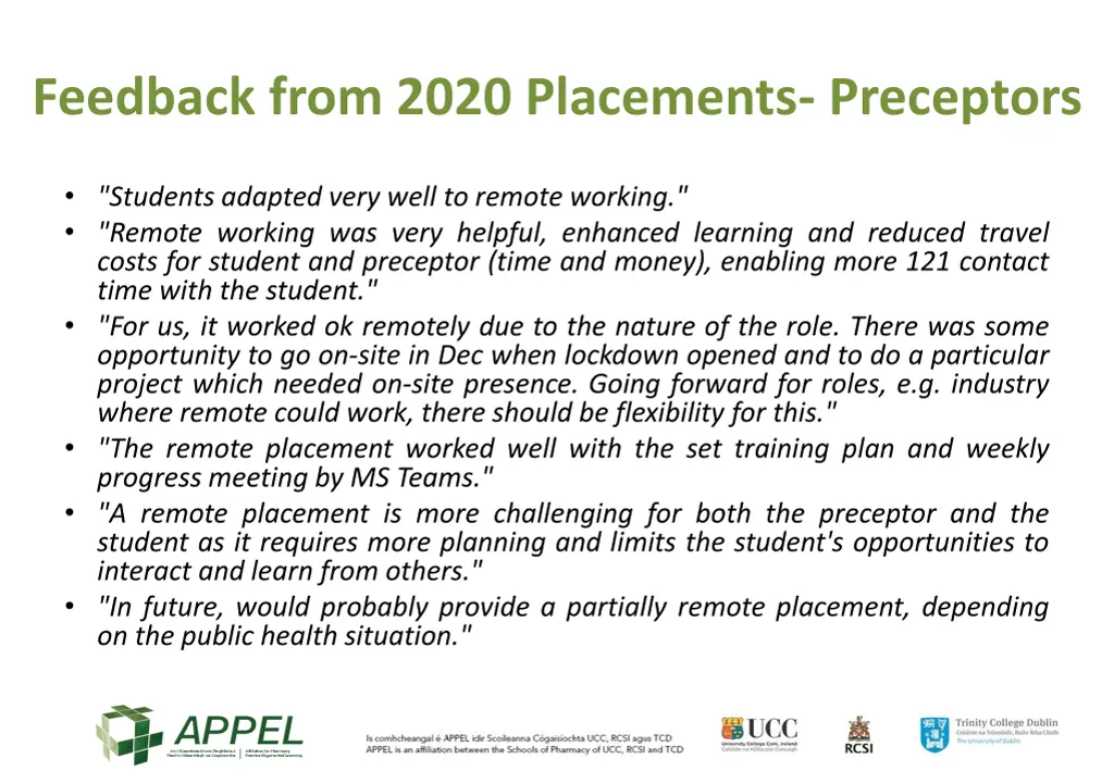 feedback from 2020 placements preceptors
