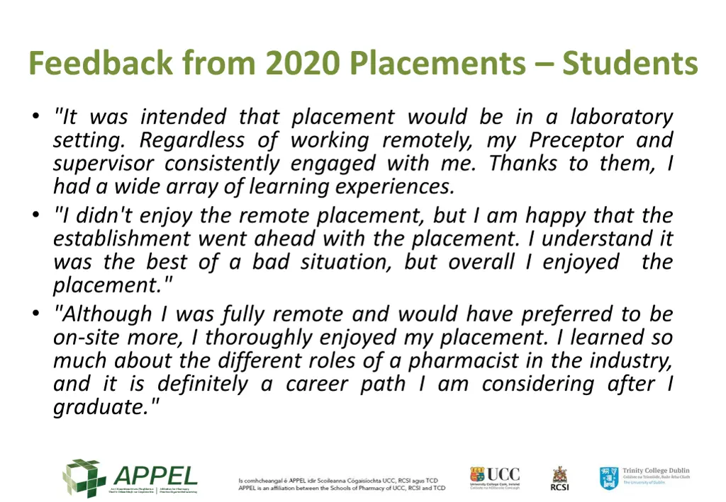 feedback from 2020 placements students