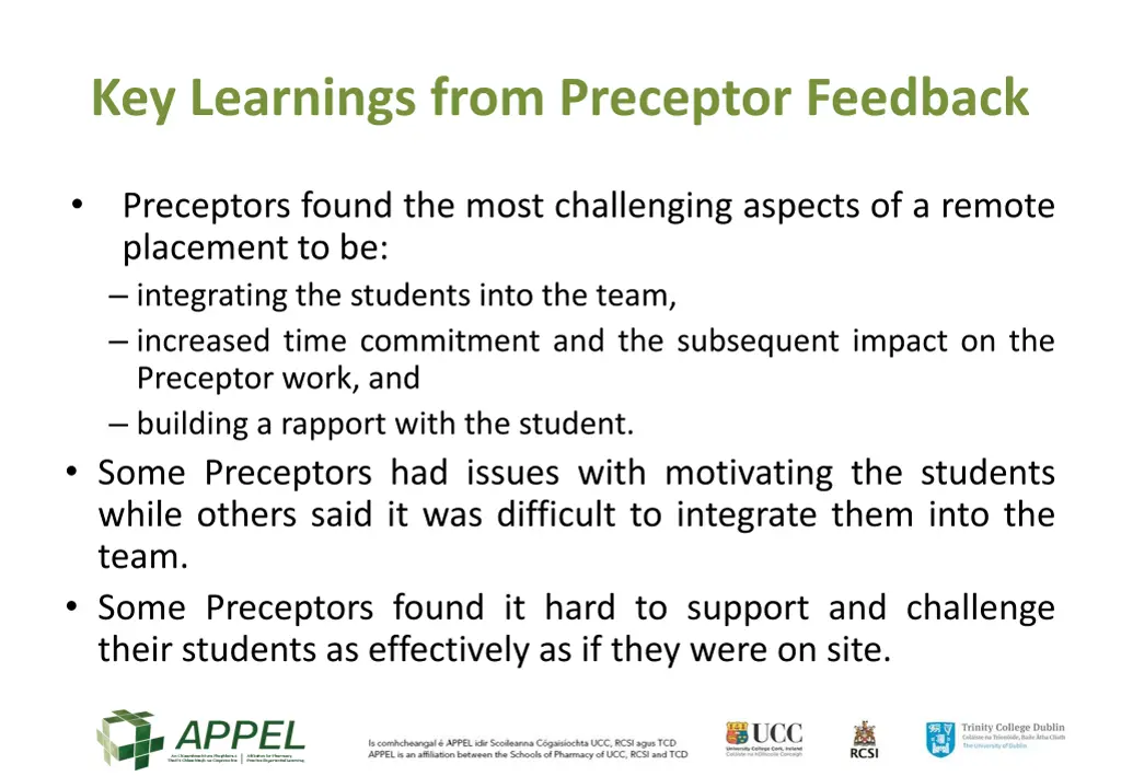 key learnings from preceptor feedback