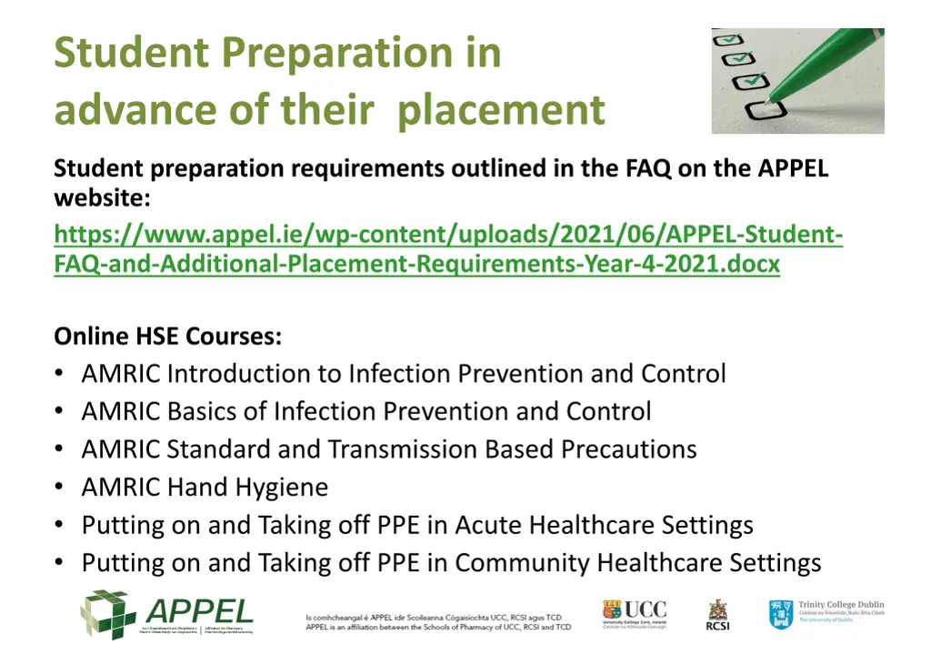 student preparation in advance of their placement