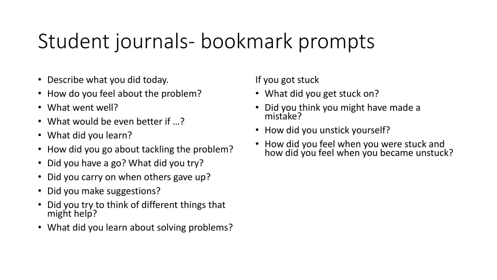 student journals bookmark prompts