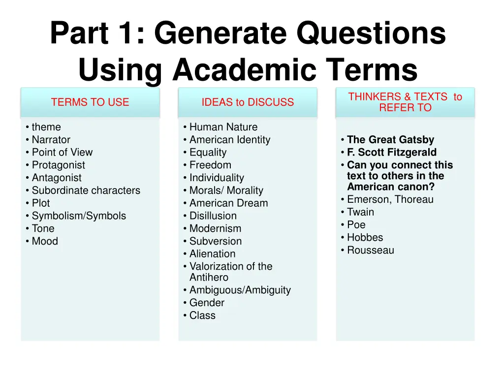 part 1 generate questions using academic terms