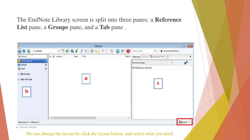 the endnote library screen is split into three