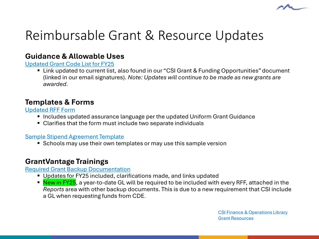 reimbursable grant resource updates