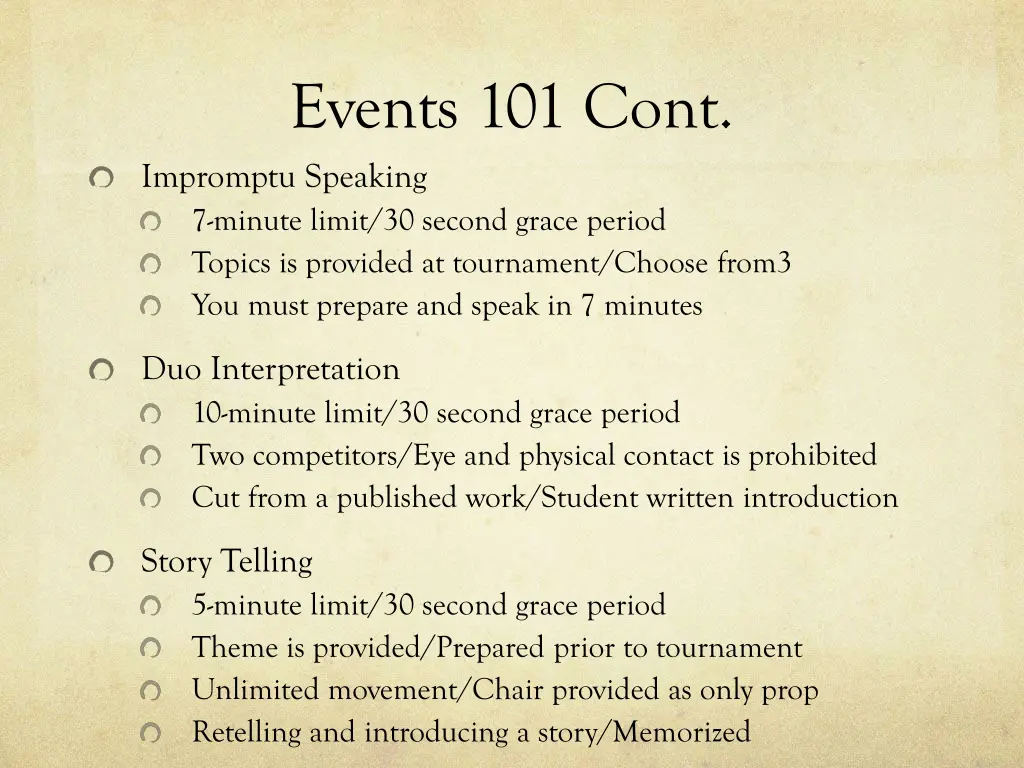 events 101 cont impromptu speaking 7 minute limit