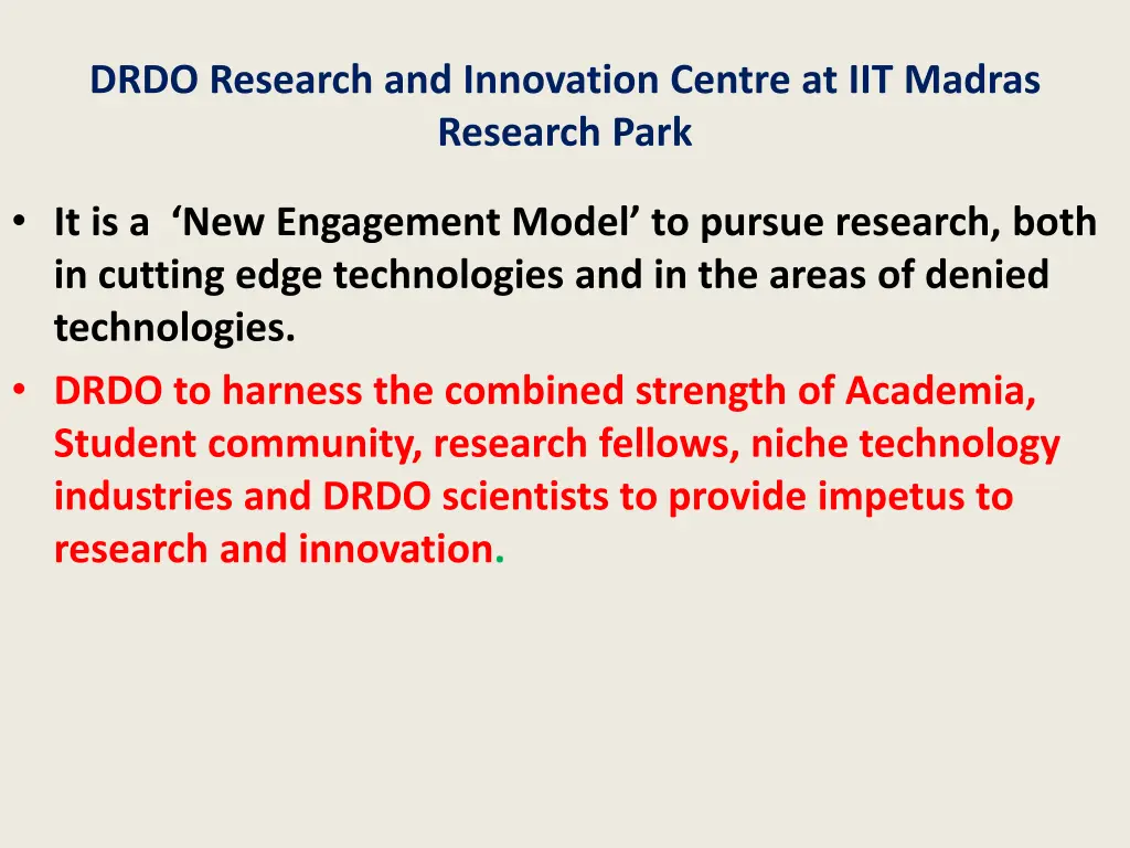 drdo research and innovation centre at iit madras