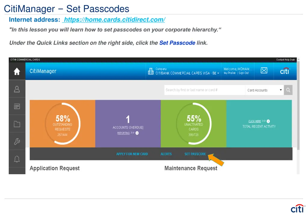 citimanager set passcodes internet address https