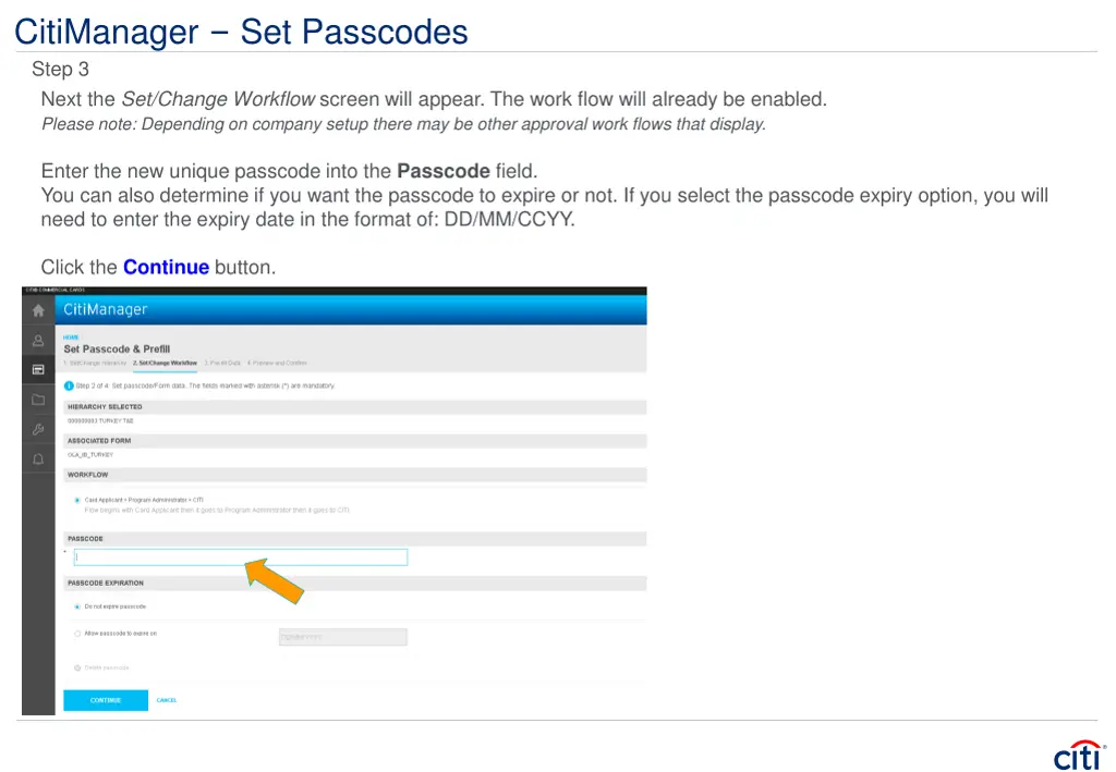 citimanager set passcodes step 3 next