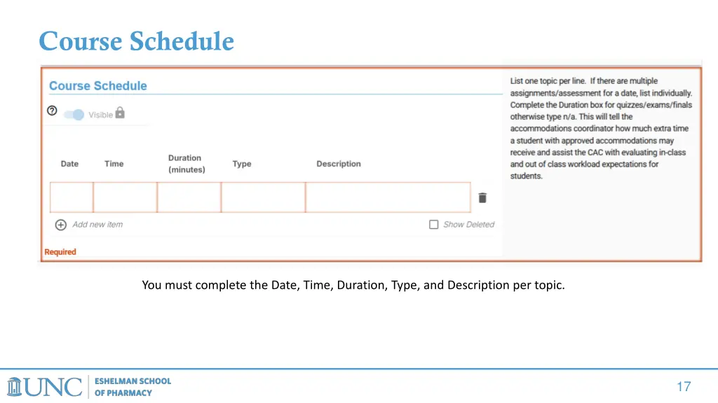 course schedule
