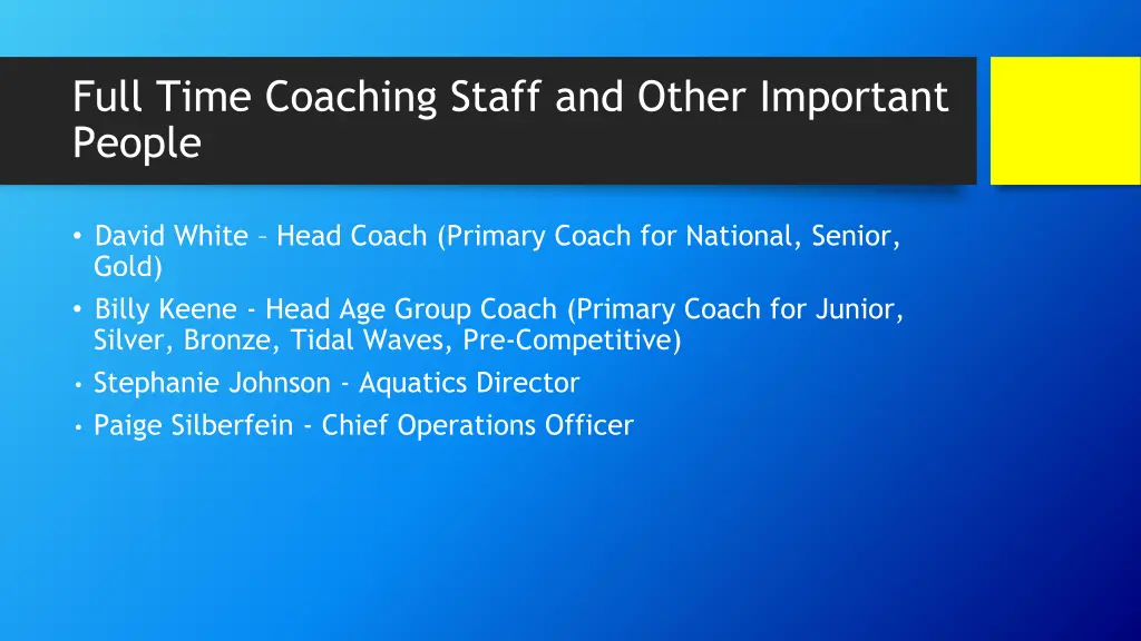 full time coaching staff and other important