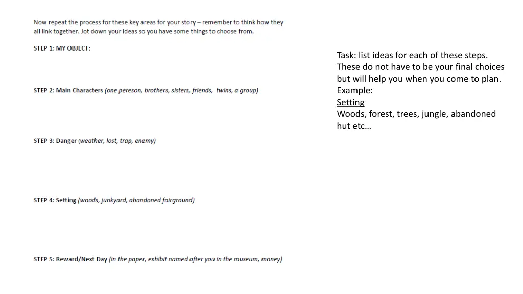 task list ideas for each of these steps these