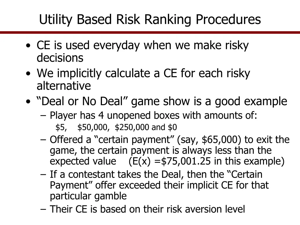 utility based risk ranking procedures 1