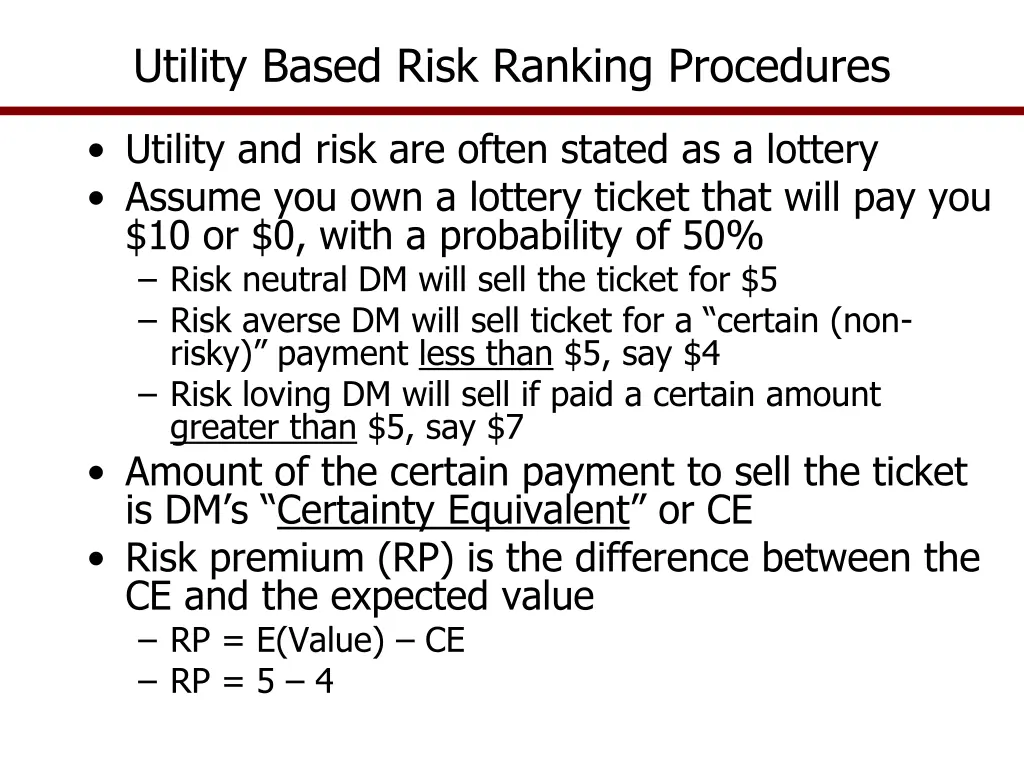 utility based risk ranking procedures