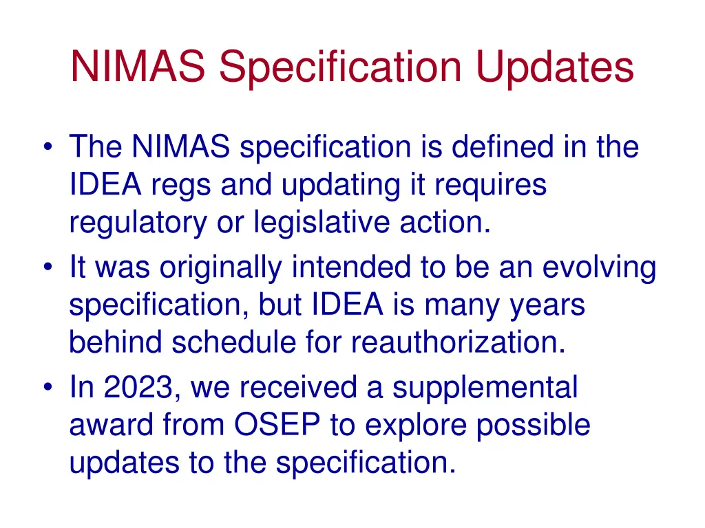 nimas specification updates