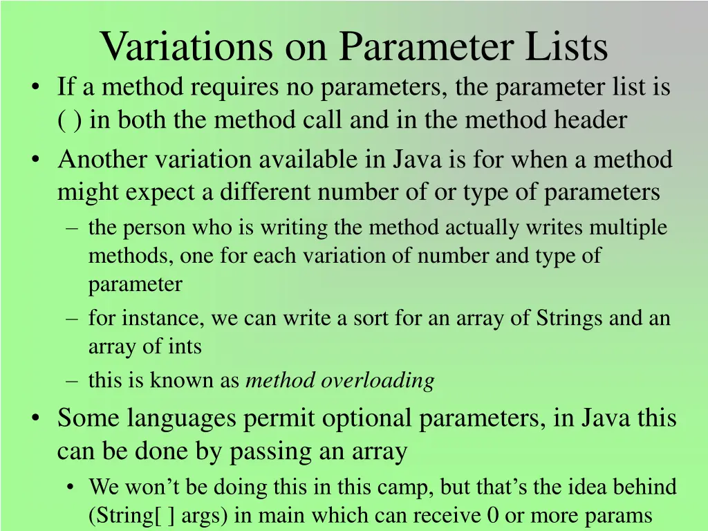 variations on parameter lists if a method