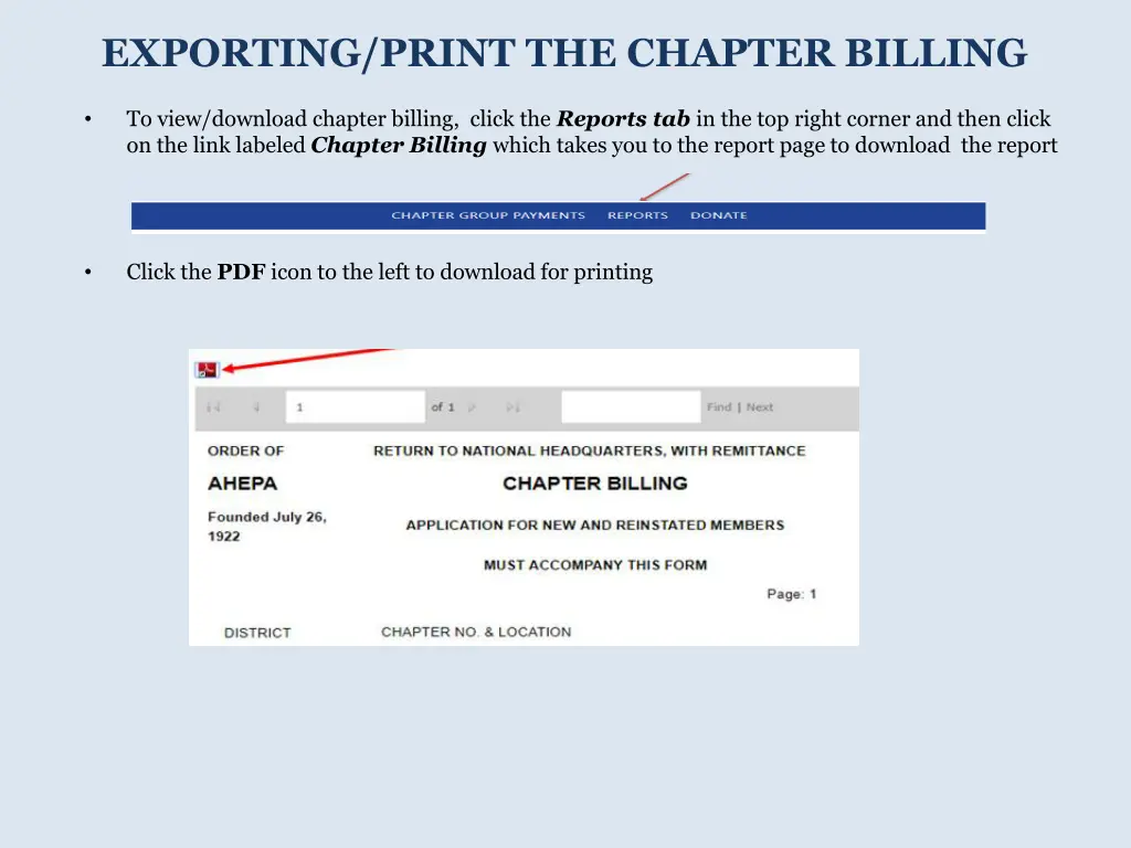 exporting print the chapter billing
