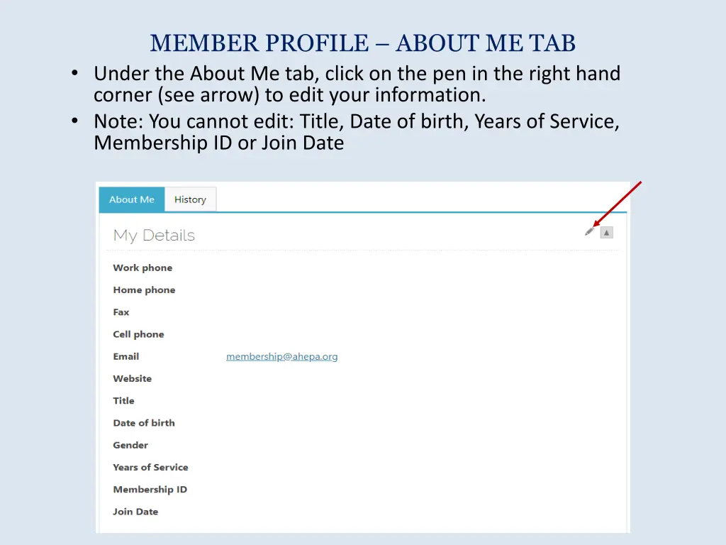 member profile about me tab under the about