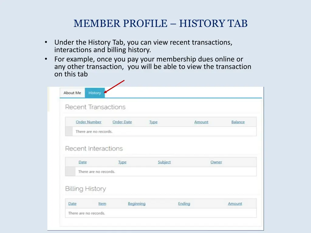 member profile history tab