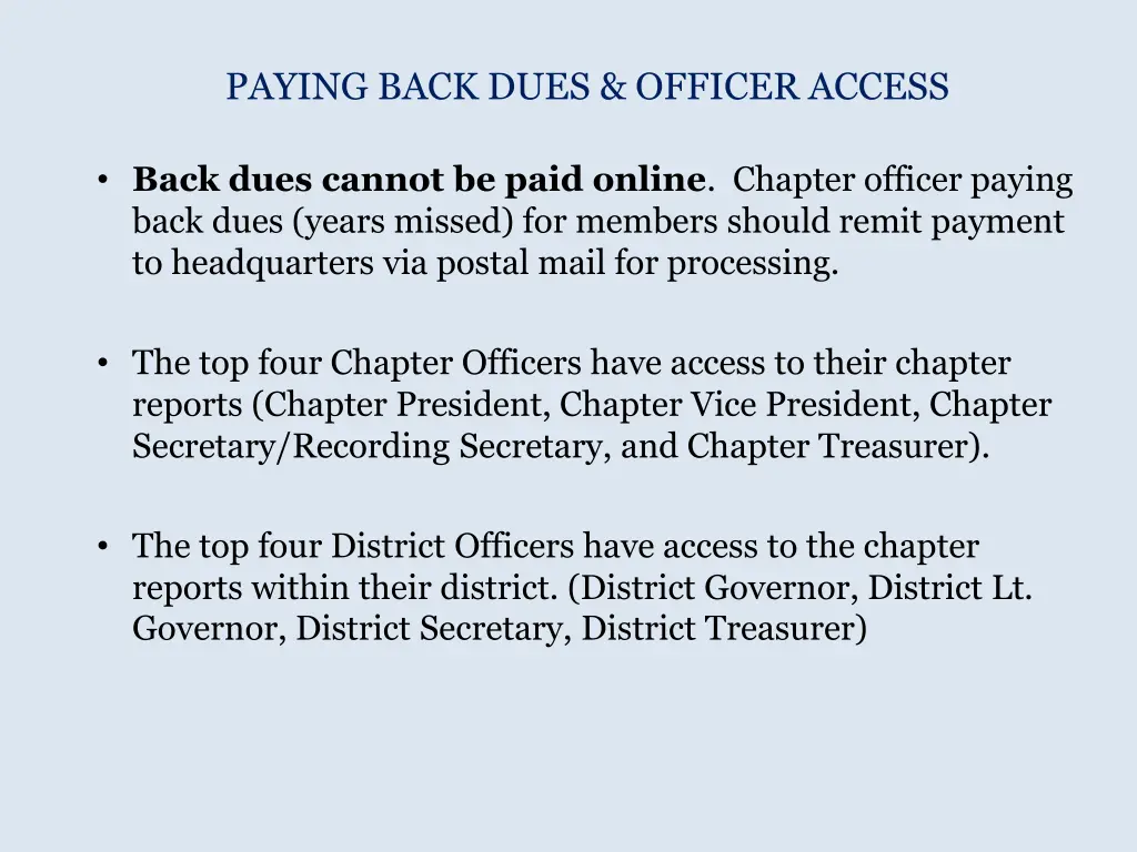 paying back dues officer access