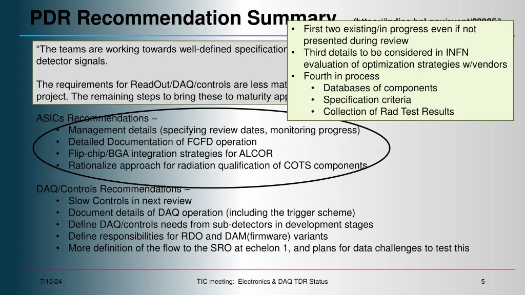 pdr recommendation summary https indico 1