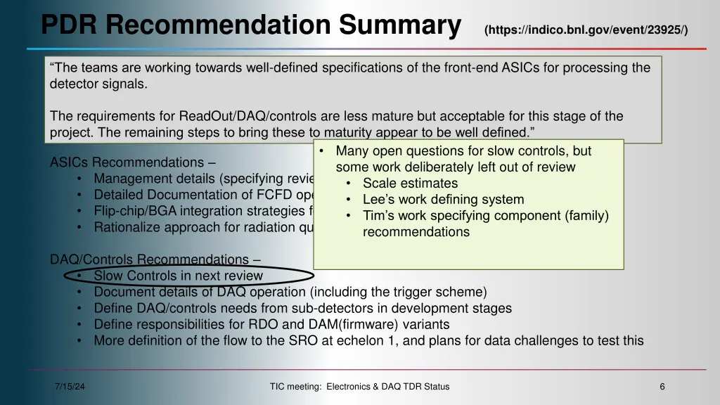 pdr recommendation summary https indico 2