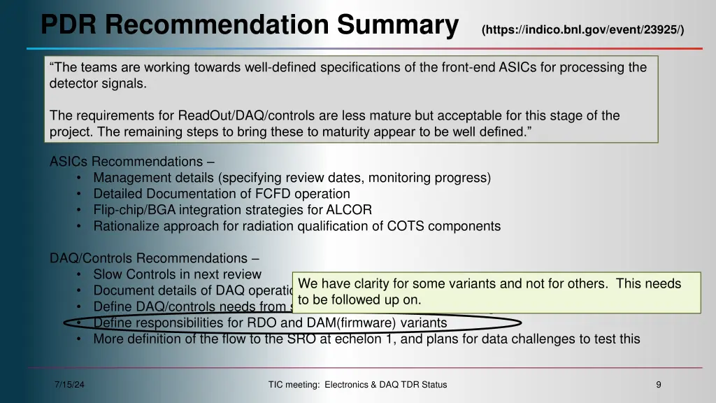 pdr recommendation summary https indico 5