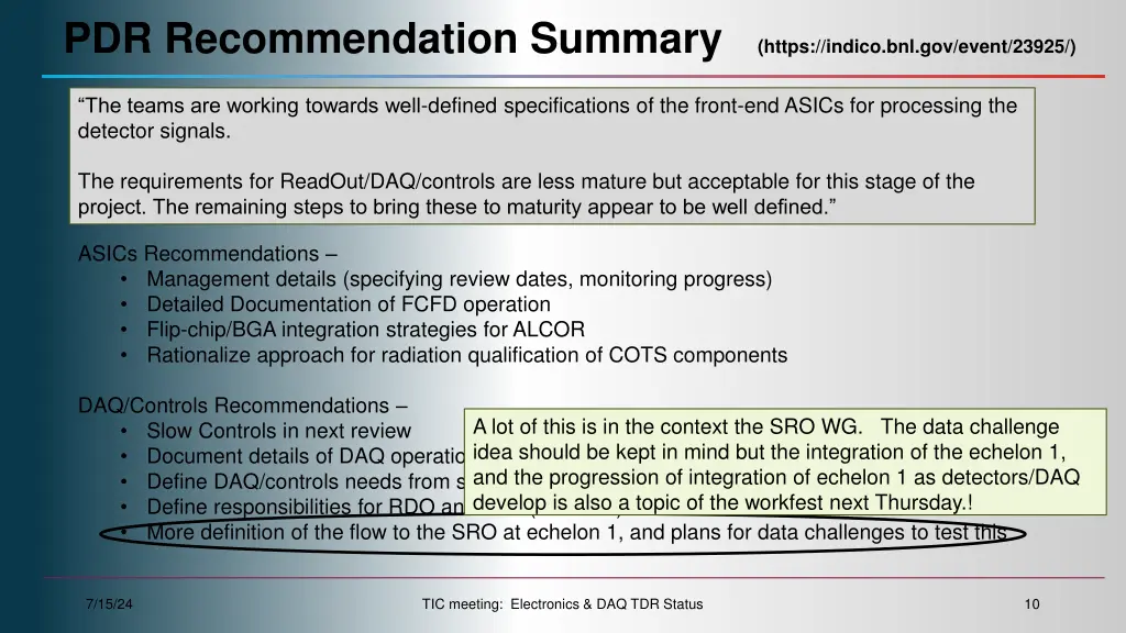 pdr recommendation summary https indico 6