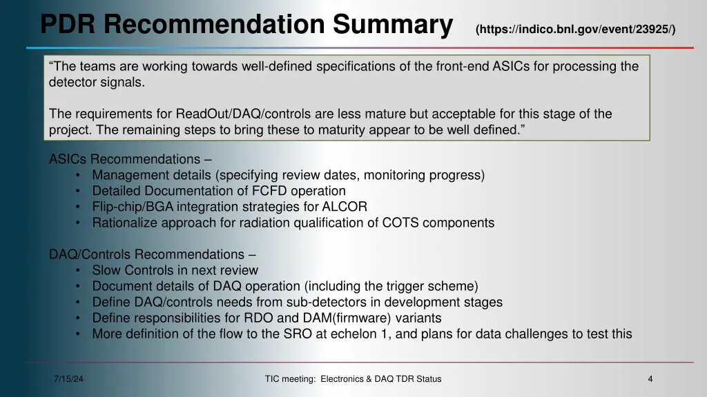 pdr recommendation summary https indico