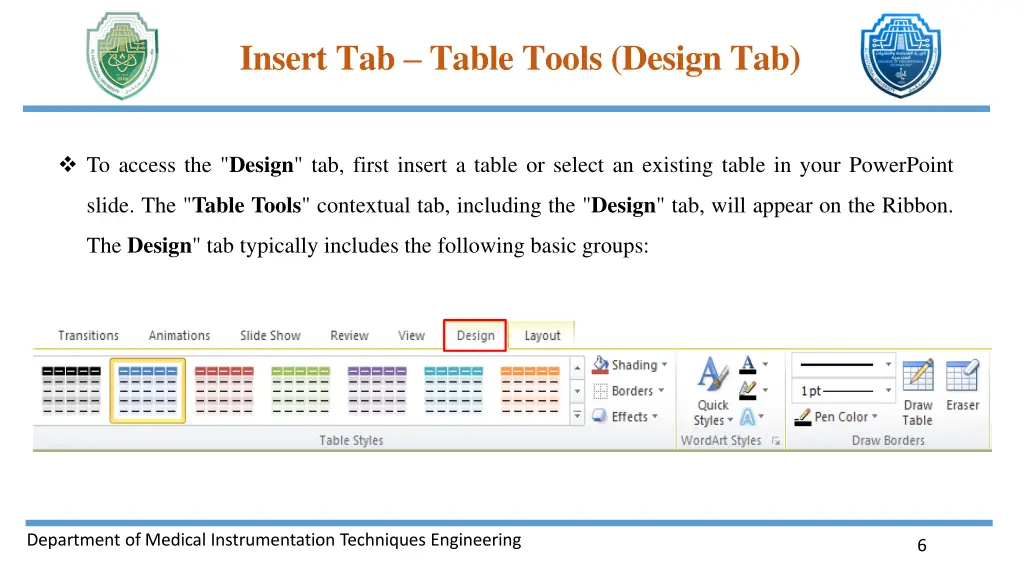 insert tab table tools design tab