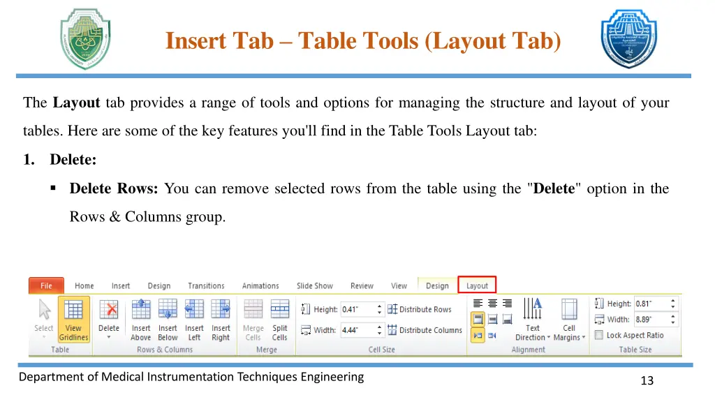 insert tab table tools layout tab