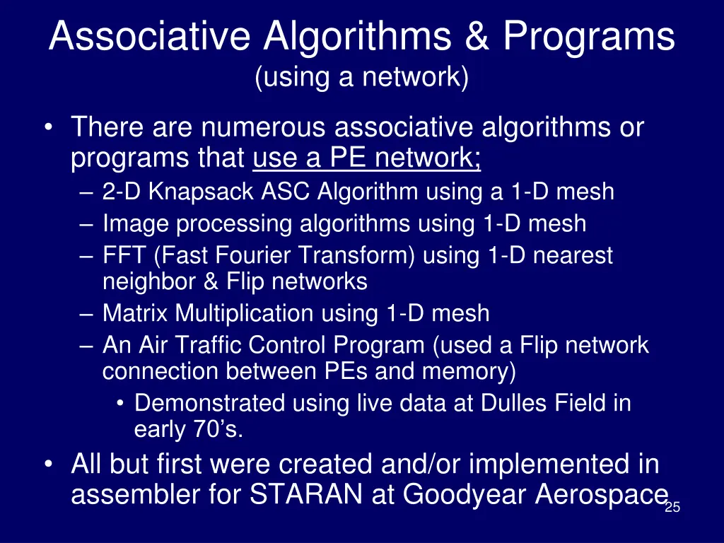 associative algorithms programs using a network