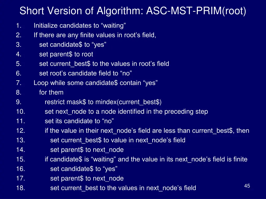 short version of algorithm asc mst prim root
