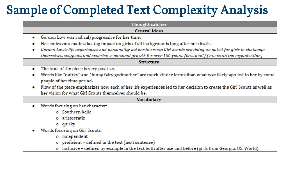sample of completed text complexity analysis