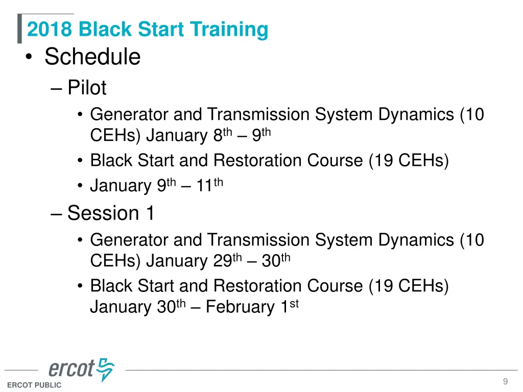 2018 black start training schedule pilot