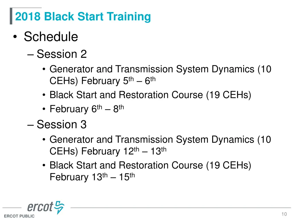 2018 black start training schedule session