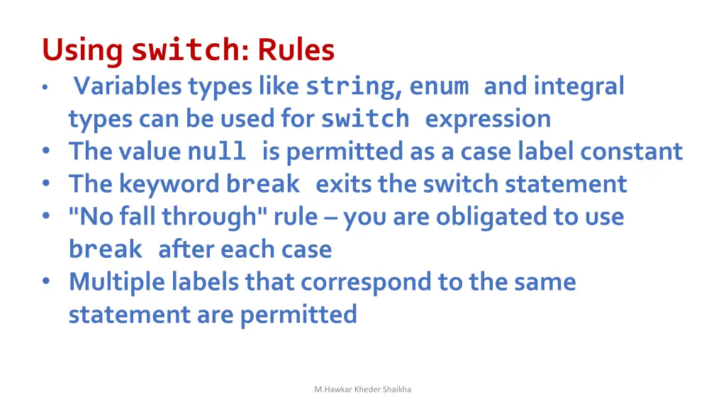 using switch rules variables types like string