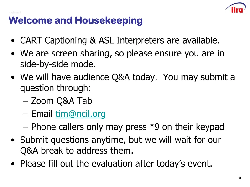 slide 3 slide 3 welcome and housekeeping welcome